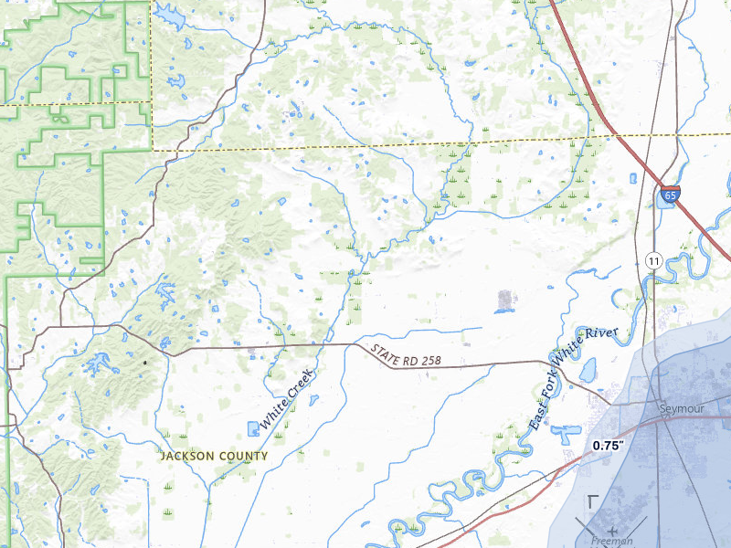NEXRAD radar-signature map of the hail storm over Seymour, IN on Jul 27, 2026