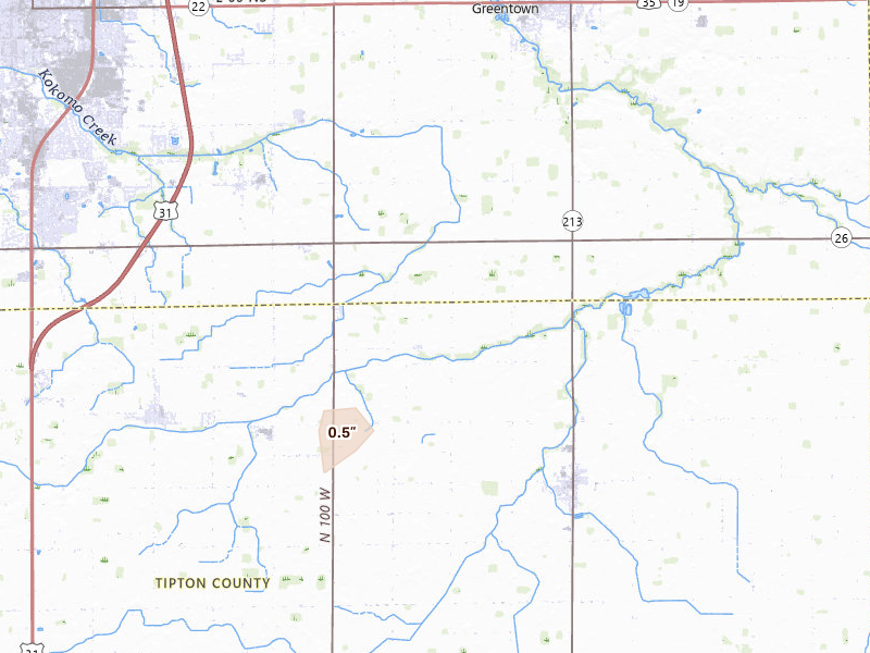 Radar-estimated hail-size map of the storm over Sharpsville, IN on Aug 10, 2026