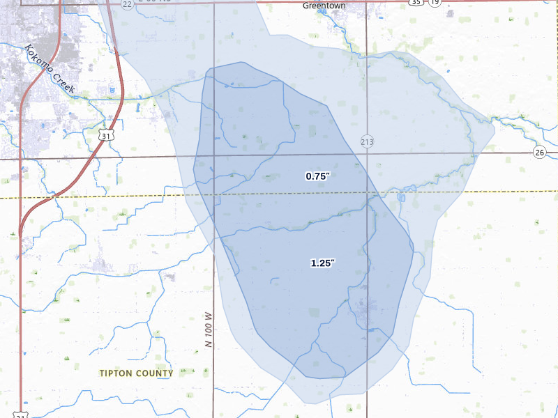 NEXRAD radar-signature map of the hail storm over Sharpsville, IN on Aug 10, 2026