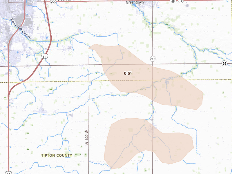 Radar-estimated hail-size map of the storm over Sharpsville, IN on Aug 11, 2026