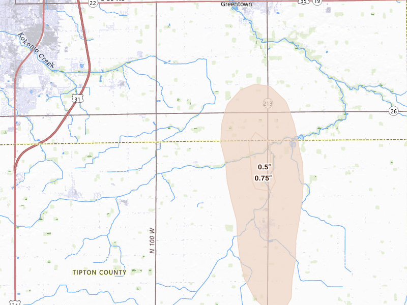 Radar-estimated hail-size map of the storm over Sharpsville, IN on Sep 5, 2026