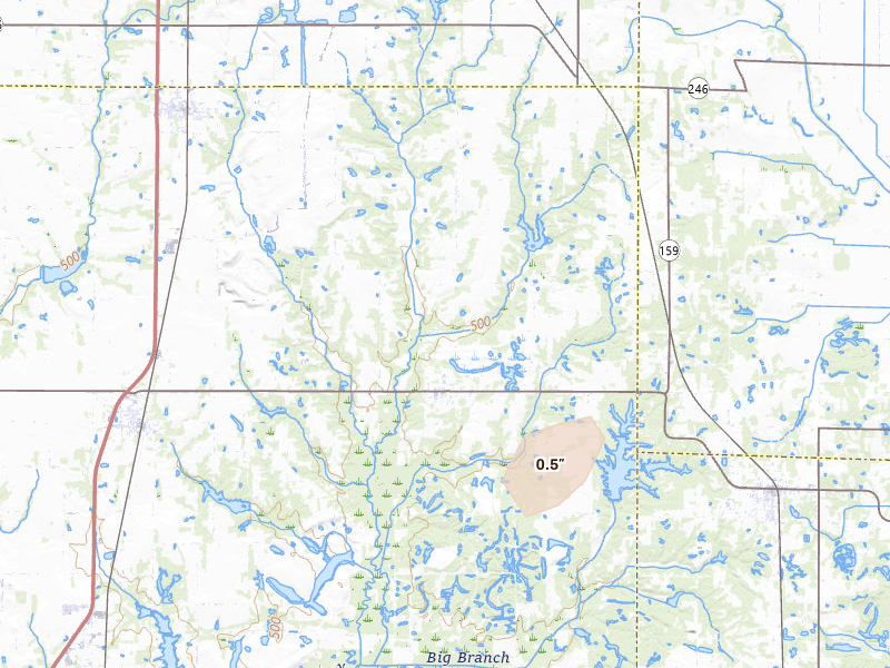 Radar-estimated hail-size map of the storm over Shelburn, IN on May 18, 2026