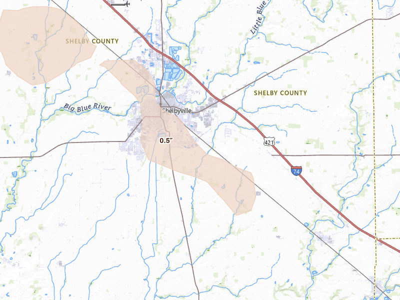 Radar-estimated hail-size map of the storm over Shelbyville, IN on Jul 27, 2026