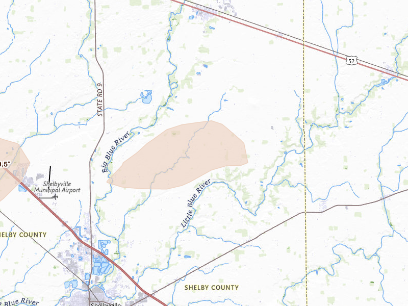 Radar-estimated hail-size map of the storm over Shelbyville, IN on Aug 7, 2026