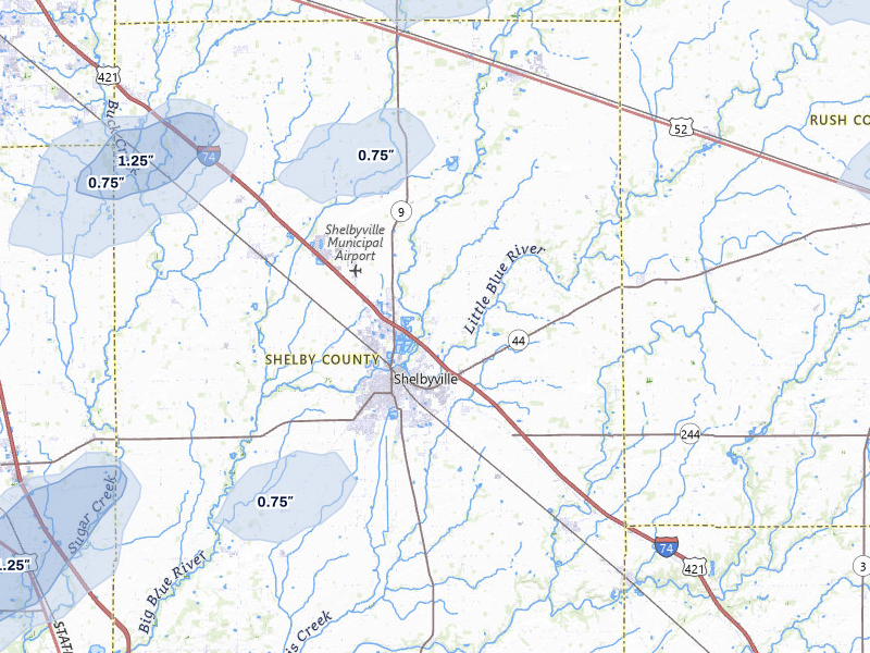 NEXRAD radar-signature map of the hail storm over Shelbyville, IN on Aug 7, 2026