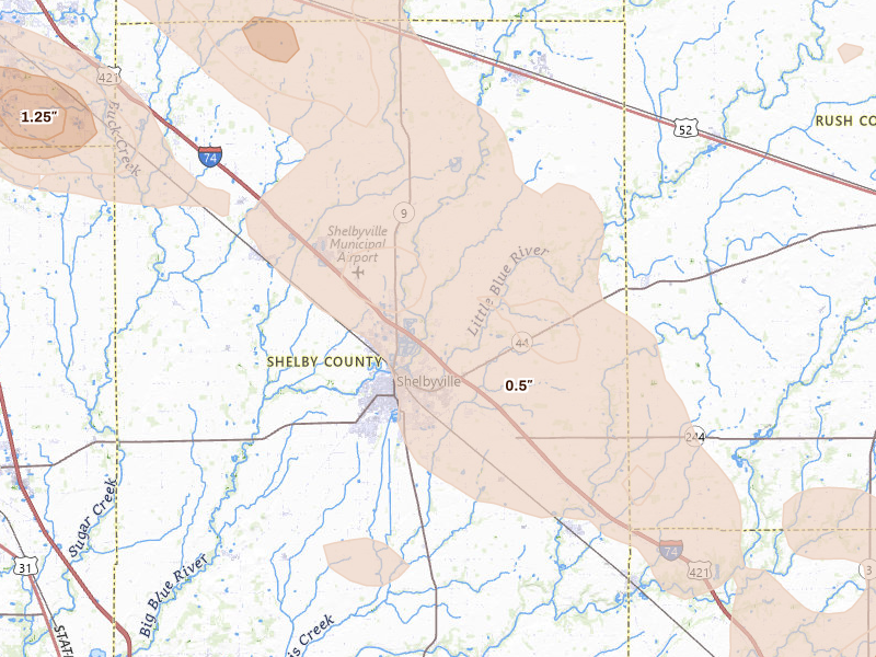 Radar-estimated hail-size map of the storm over Shelbyville, IN on Aug 11, 2026