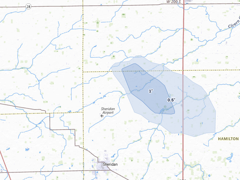 NEXRAD radar-signature map of the hail storm over Sheridan, IN on Jun 7, 2026