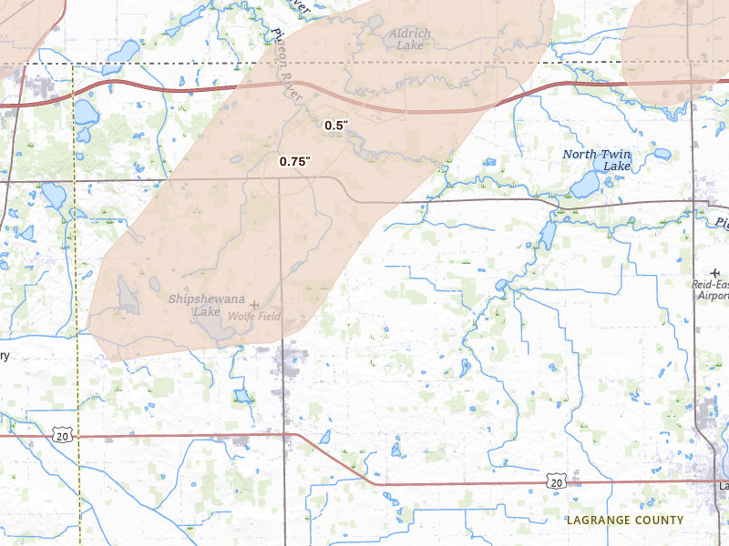 Radar-estimated hail-size map of the storm over Shipshewana, IN on Jun 16, 2026