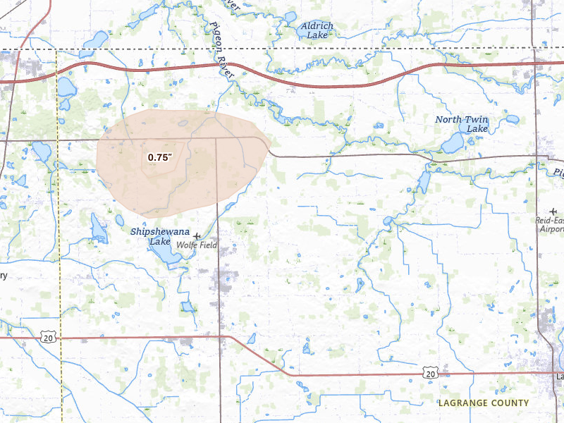 Radar-estimated hail-size map of the storm over Shipshewana, IN on Jul 3, 2026