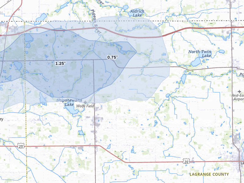 NEXRAD radar-signature map of the hail storm over Shipshewana, IN on Jul 3, 2026