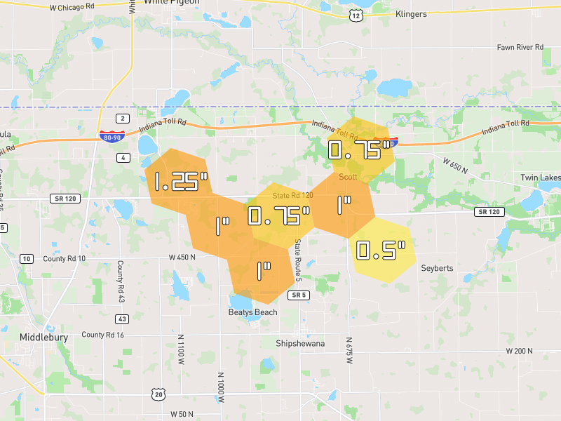 Hail map of Shipshewana, IN on Jul 3, 2026, hail up to 1.25"