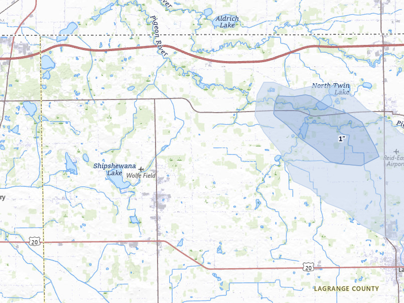 NEXRAD radar-signature map of the hail storm over Shipshewana, IN on Jul 27, 2026