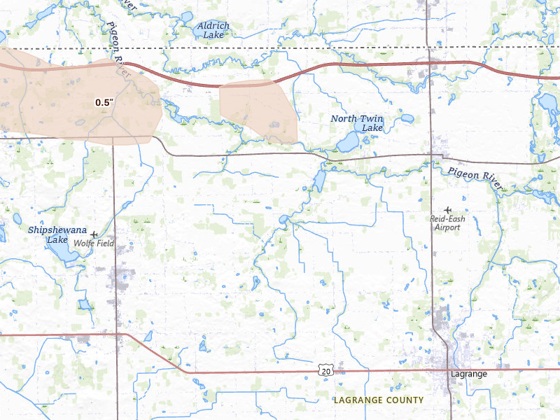 Radar-estimated hail-size map of the storm over Shipshewana, IN on Aug 10, 2026