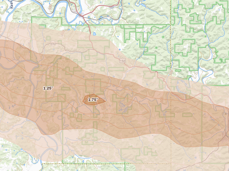 Radar-estimated hail-size map of the storm over Shoals, IN on Mar 22, 2026