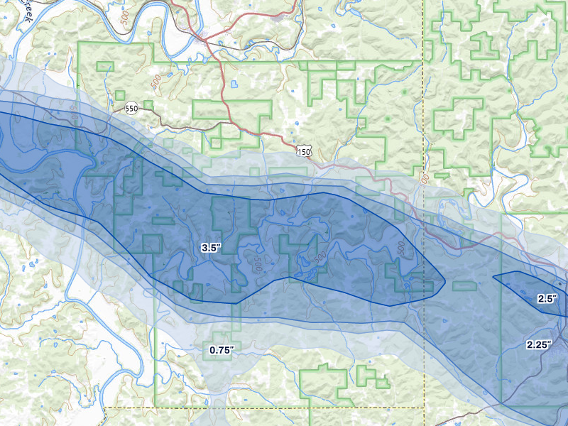 NEXRAD radar-signature map of the hail storm over Shoals, IN on Mar 22, 2026