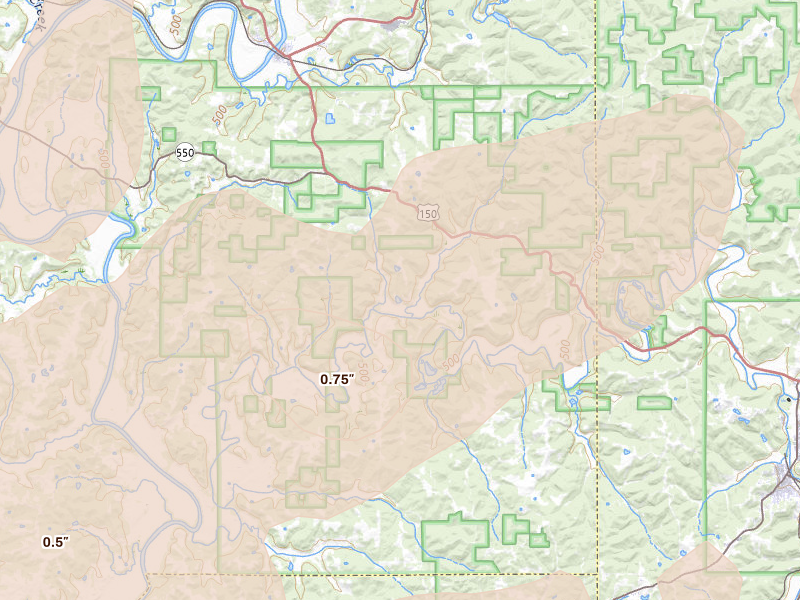 Radar-estimated hail-size map of the storm over Shoals, IN on Apr 27, 2026