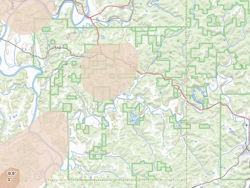 Radar-estimated hail-size map of the storm over Shoals, IN on Jul 3, 2026