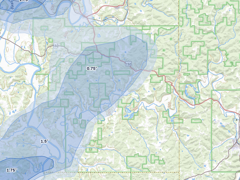 NEXRAD radar-signature map of the hail storm over Shoals, IN on Jul 3, 2026