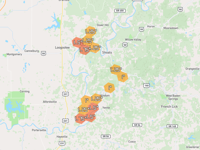 Hail map of Shoals, IN on Jul 3, 2026, hail up to 1.75"