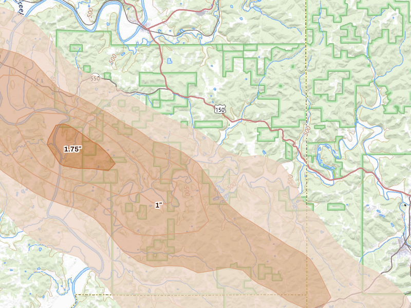 Radar-estimated hail-size map of the storm over Shoals, IN on Jul 21, 2026