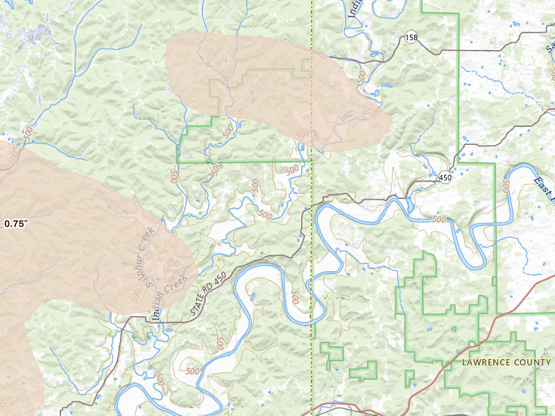 Radar-estimated hail-size map of the storm over Shoals, IN on Aug 11, 2026