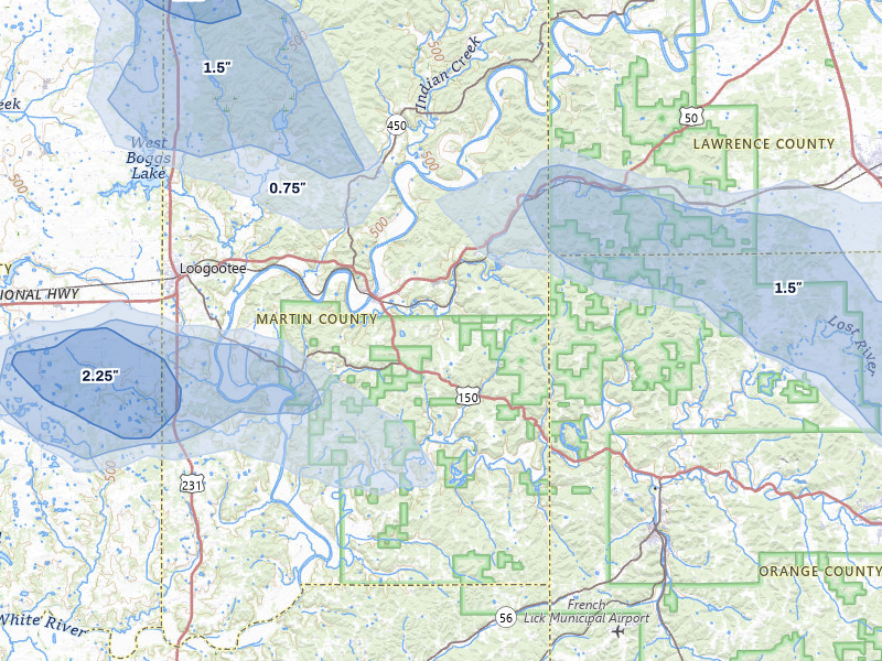 NEXRAD radar-signature map of the hail storm over Shoals, IN on Aug 11, 2026