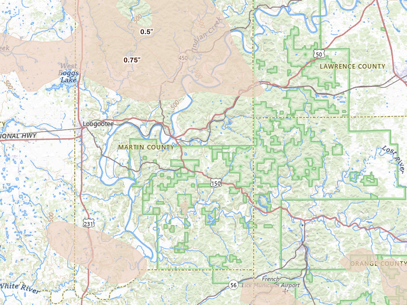 Radar-estimated hail-size map of the storm over Shoals, IN on Aug 26, 2026