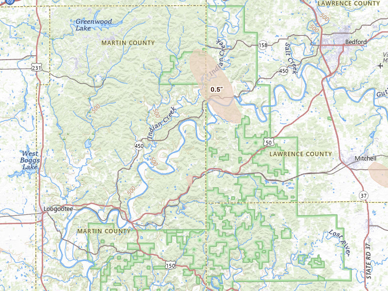 Radar-estimated hail-size map of the storm over Shoals, IN on Sep 5, 2026