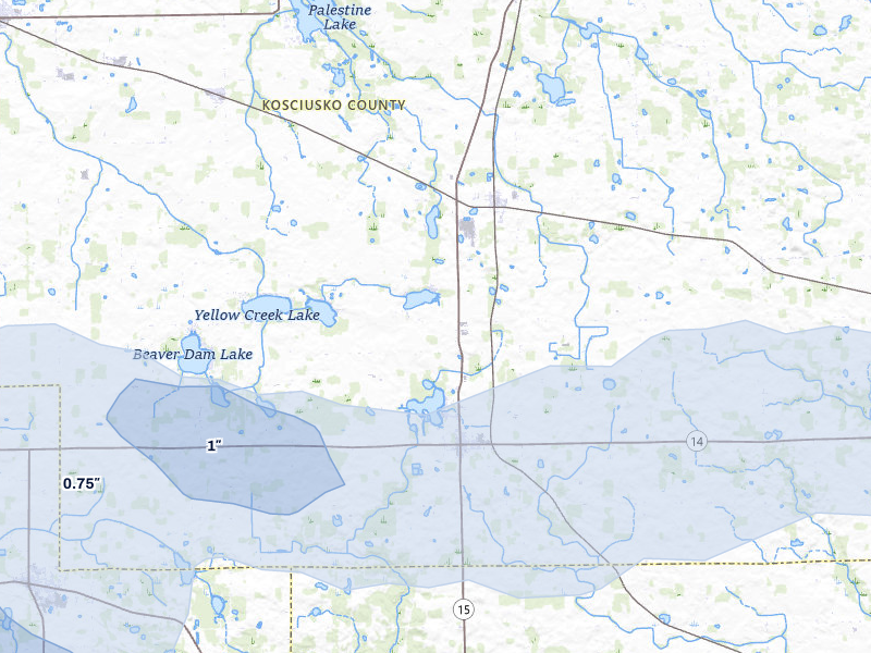 NEXRAD radar-signature map of the hail over Silver Lake, IN