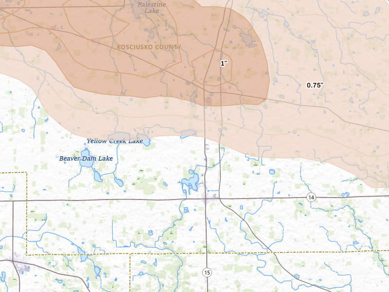 Radar-estimated hail-size map of the storm over Silver Lake, IN on Mar 31, 2026