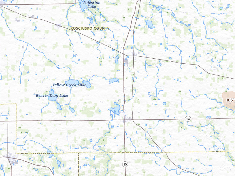 Radar-estimated hail-size map of the storm over Silver Lake, IN on Apr 13, 2026