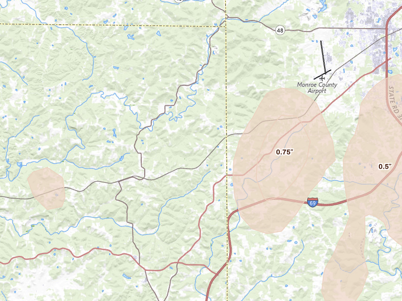 Radar-estimated hail-size map of the storm over Solsberry, IN on Apr 27, 2026