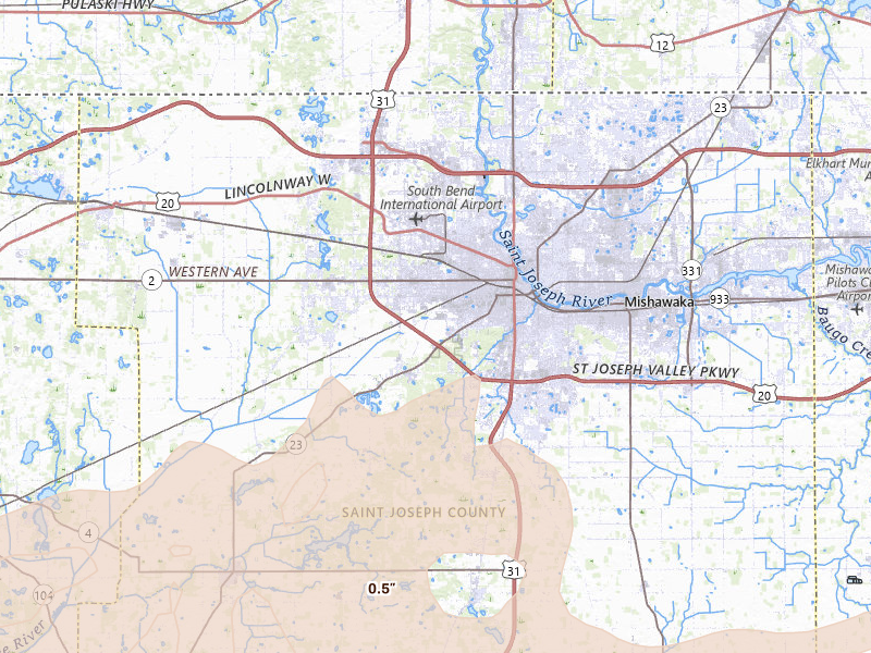 Radar-estimated hail-size map of the storm over South Bend, IN