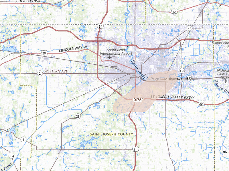 Radar-estimated hail-size map of the storm over South Bend, IN on Jul 3, 2026