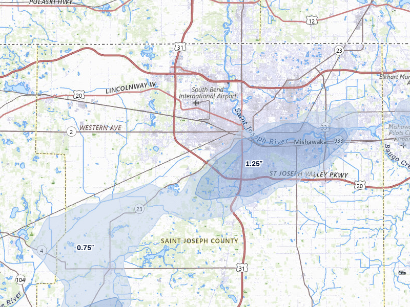 NEXRAD radar-signature map of the hail over South Bend, IN