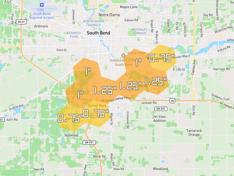 Hail map of South Bend, IN on Jul 3, 2026, hail up to 1.25"