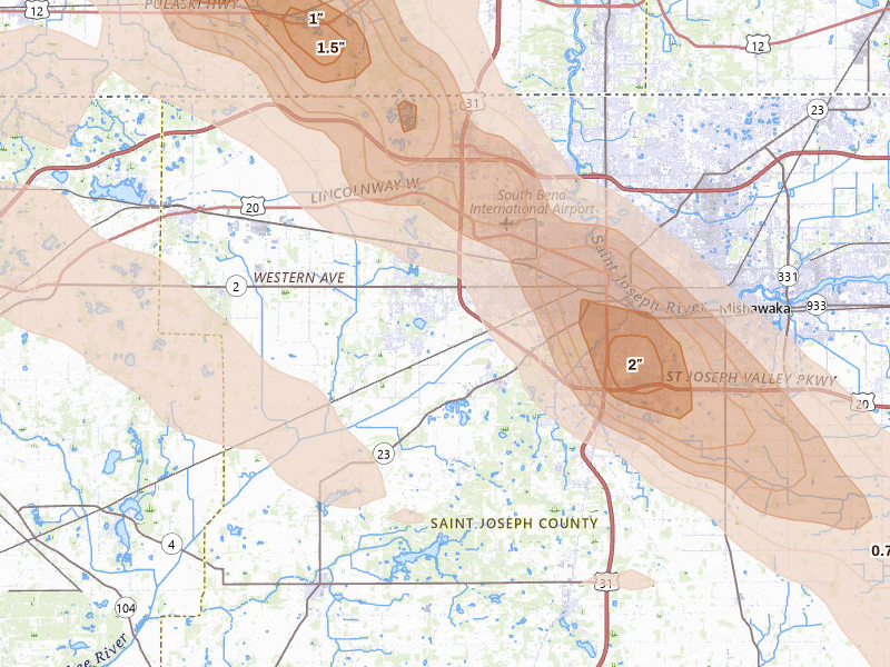 Radar-estimated hail-size map of the storm over South Bend, IN on Aug 10, 2026