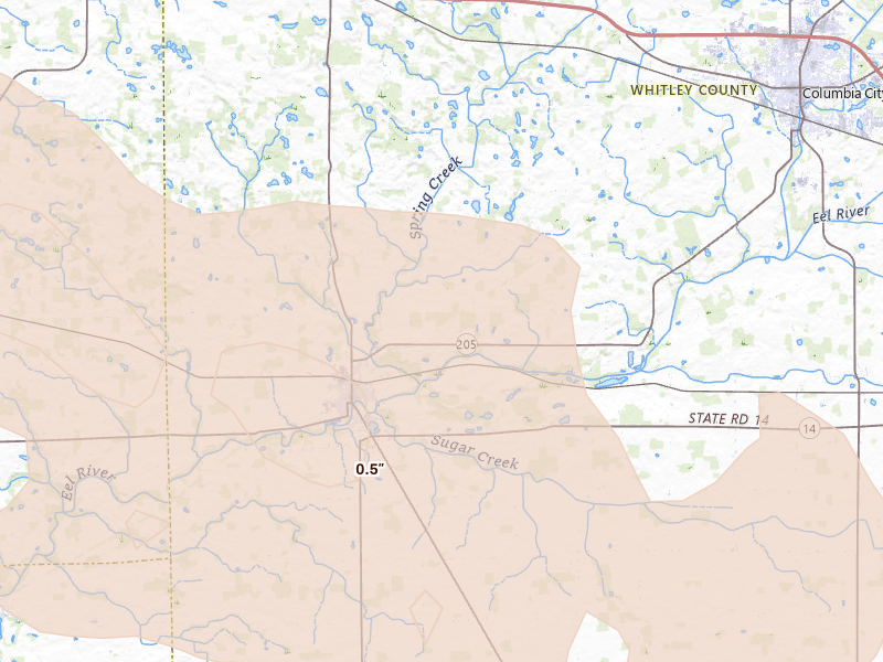 Radar-estimated hail-size map of the storm over South Whitley, IN on Mar 31, 2026