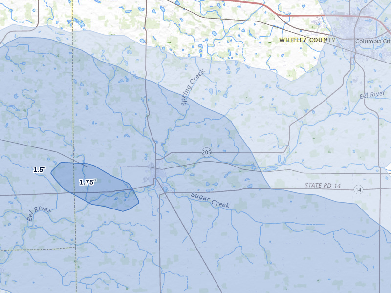 NEXRAD radar-signature map of the hail over South Whitley, IN