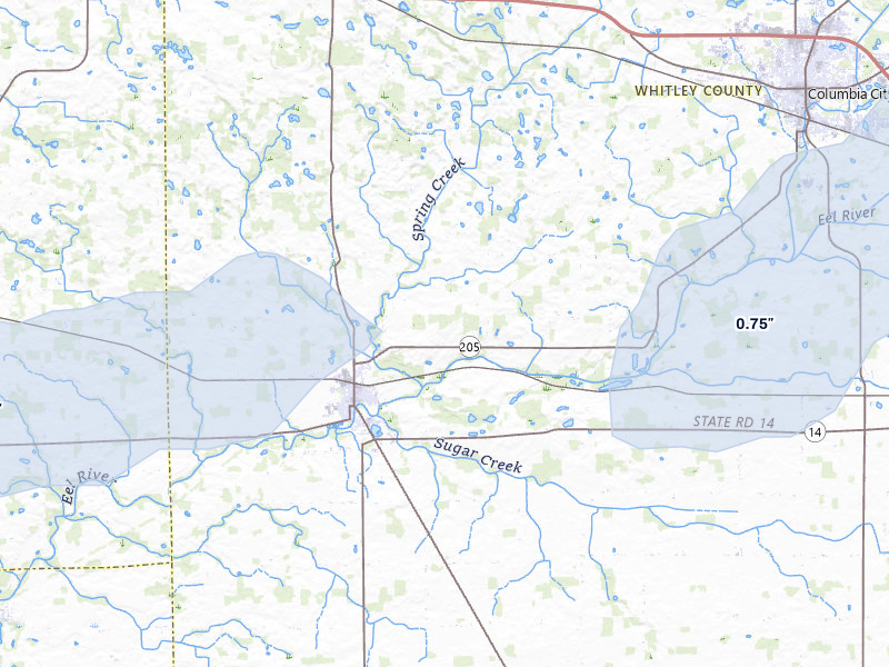 NEXRAD radar-signature map of the hail over South Whitley, IN