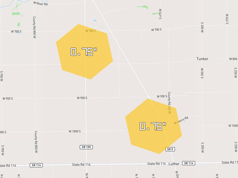 Hail map of South Whitley, IN on Jun 6, 2026, hail up to 0.75"