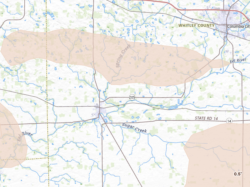 Radar-estimated hail-size map of the storm over South Whitley, IN on Aug 10, 2026