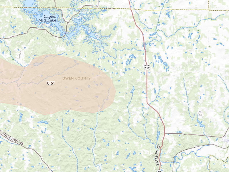 Radar-estimated hail-size map of the storm over Spencer, IN on Jun 17, 2026