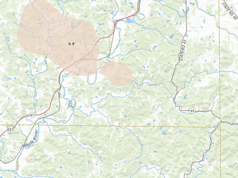 Radar-estimated hail-size map of the storm over Spencer, IN on Aug 19, 2026