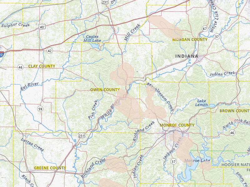 Radar-estimated hail-size map of the storm over Spencer, IN on Aug 26, 2026