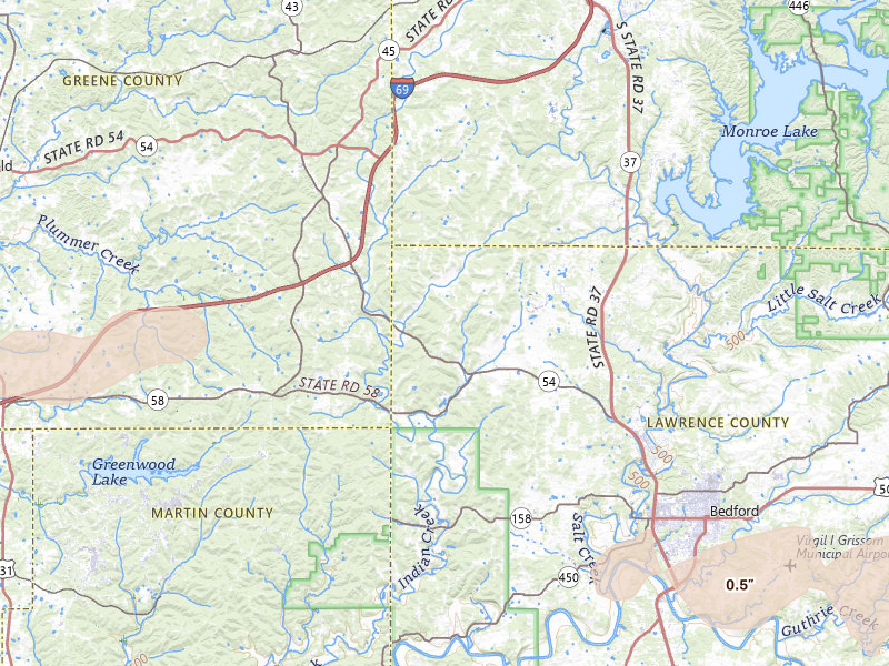 Radar-estimated hail-size map of the storm over Springville, IN on Mar 22, 2026