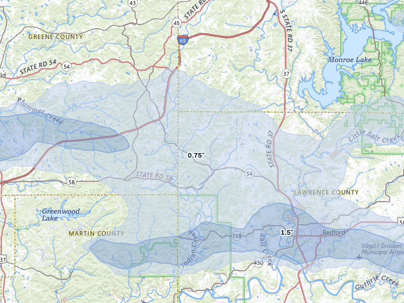 NEXRAD radar-signature map of the hail storm over Springville, IN on Mar 22, 2026