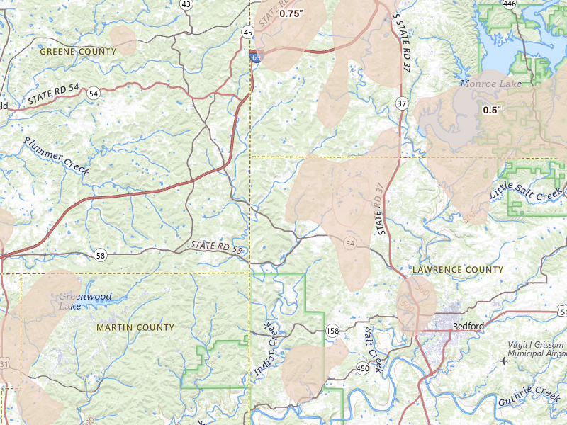 Radar-estimated hail-size map of the storm over Springville, IN on Apr 27, 2026