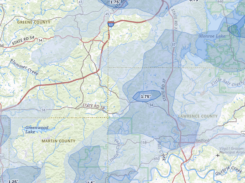NEXRAD radar-signature map of the hail over Springville, IN