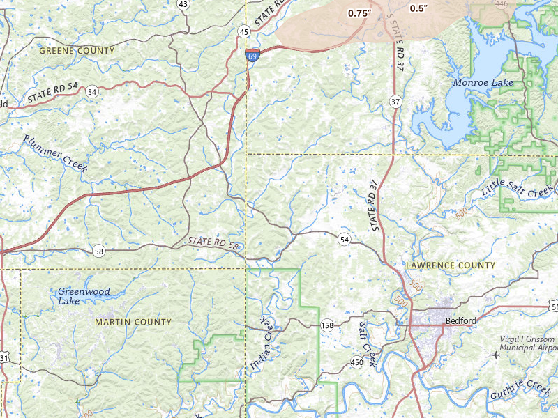 Radar-estimated hail-size map of the storm over Springville, IN on May 15, 2026